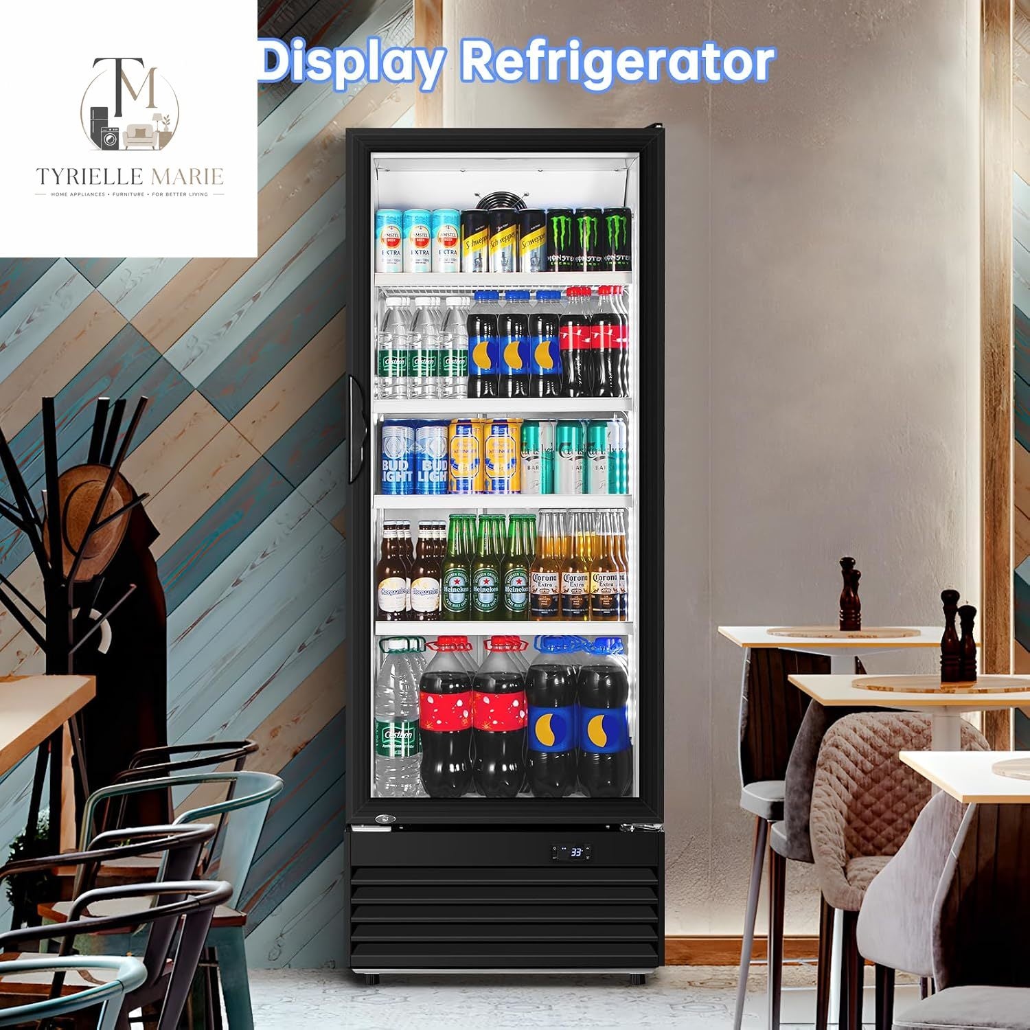Commercial Beverage Refrigerator, 24.5 Inch 15 Cu. Ft. Drink Fridge, Display Refrigerator with Glass Door, Commercial Display Fridge with 4 Adjustable Shelves, for Shops, Restaurants, Bars