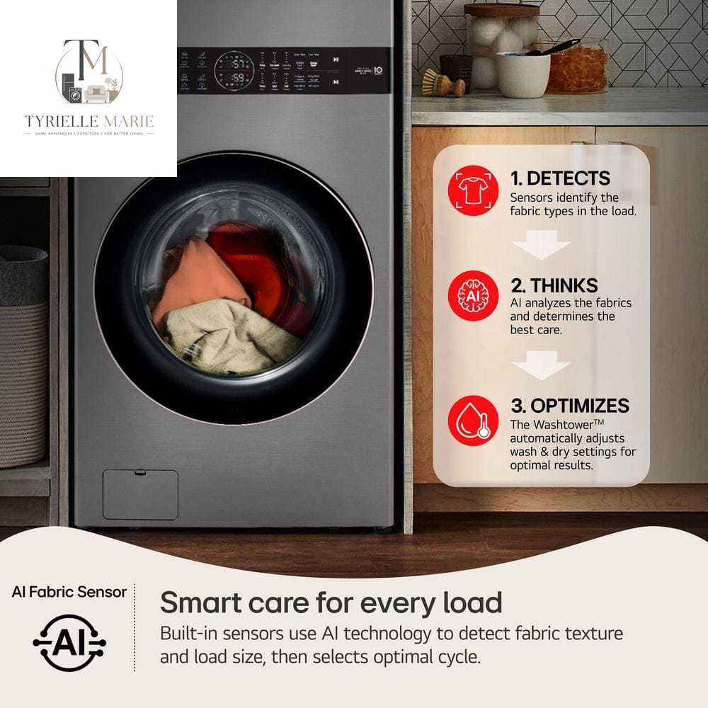 WashTower Smart Stacked Laundry Center – 4.5 Cu. Ft. Front Load Washer & 7.4 Cu. Ft. Electric Dryer, WiFi, Graphite Steel