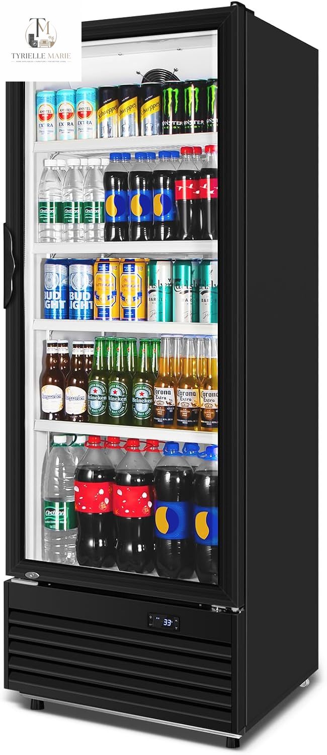Commercial Beverage Refrigerator, 24.5 Inch 15 Cu. Ft. Drink Fridge, Display Refrigerator with Glass Door, Commercial Display Fridge with 4 Adjustable Shelves, for Shops, Restaurants, Bars