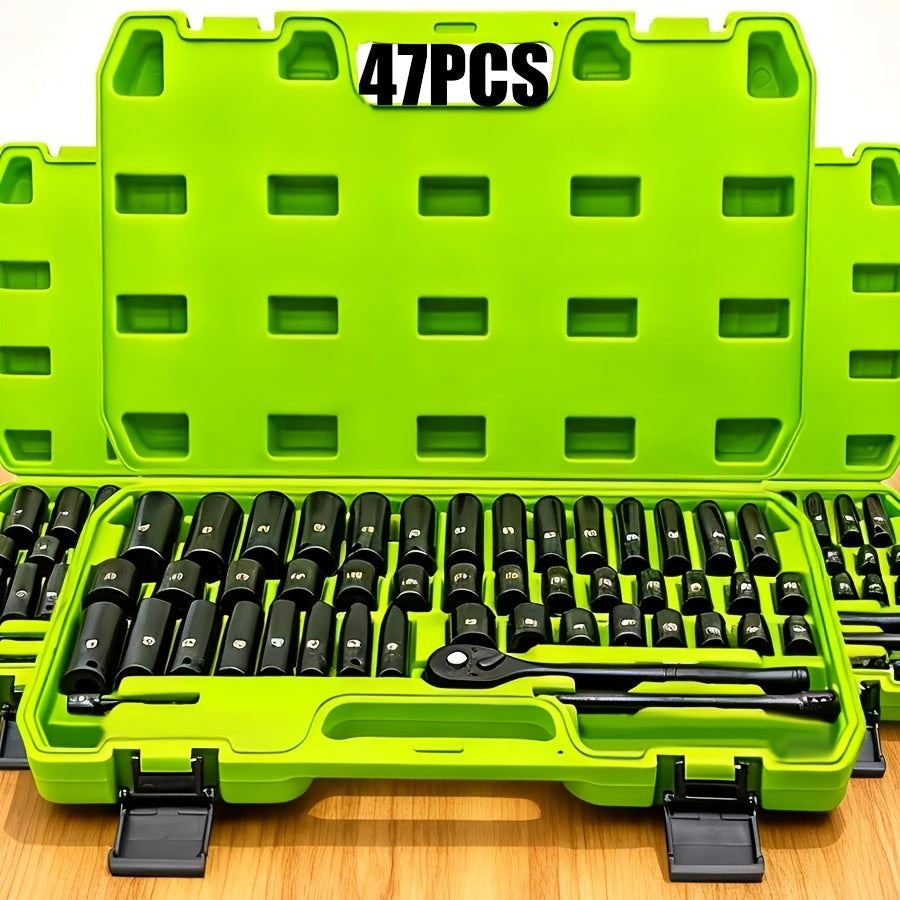 53pcs Tool Set Or 47pcs Impact Socket Set with 3/8" Drive, SAE (5/16" to 3/4") And Metric (8 to 22mm) Sizes, 6-point Design, Including Ratchet Handle, Extension Rod And Connector, Cr-V