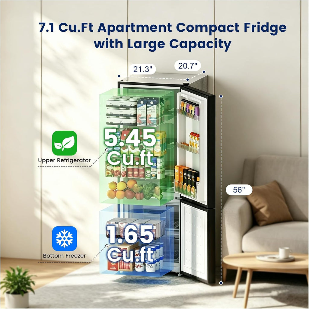 7.1 Cu. Ft. Bottom Freezer Refrigerator – Compact Double Door Fridge with Adjustable Shelves, Crisper Drawer & Reversible Door