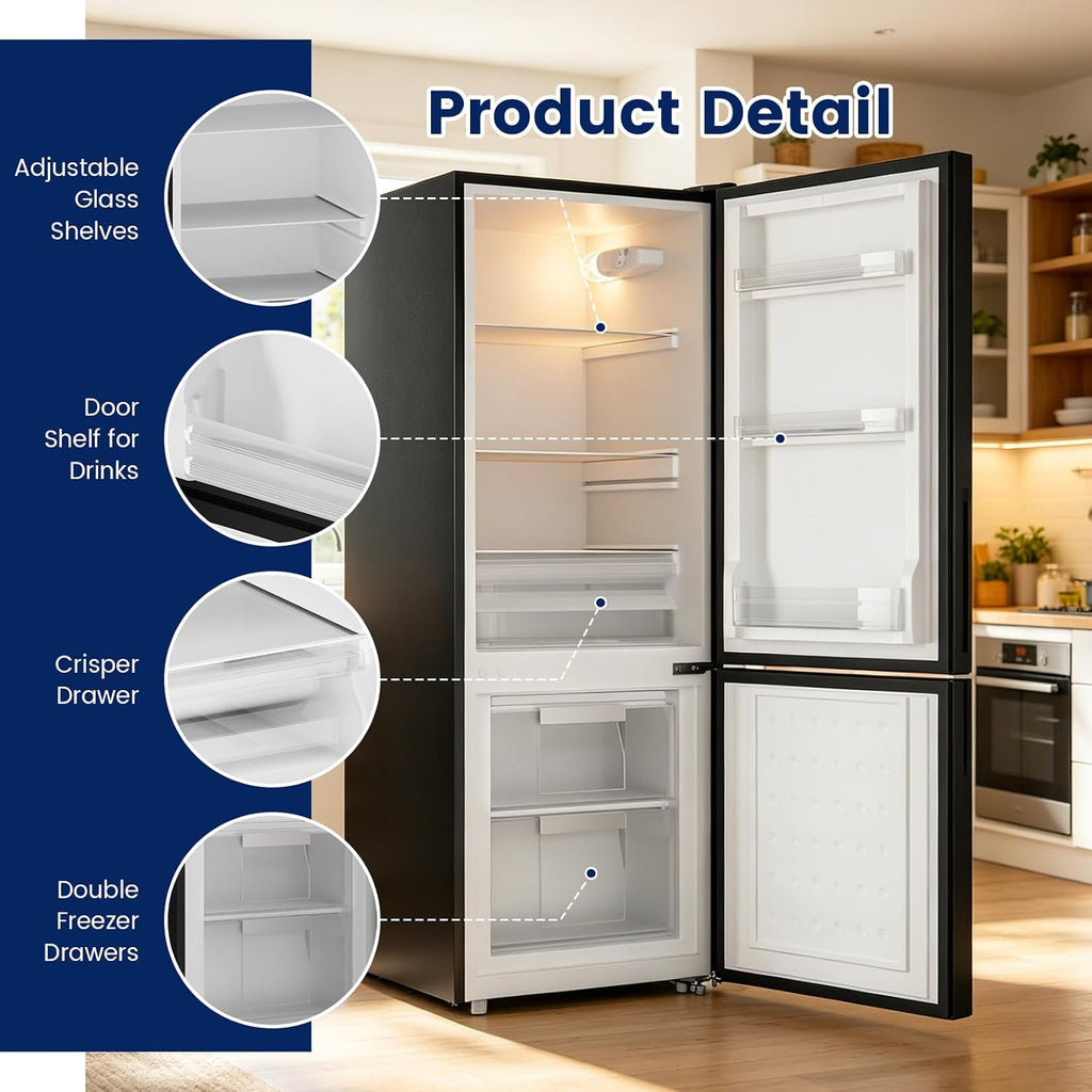 7.1 Cu. Ft. Bottom Freezer Refrigerator – Compact Double Door Fridge with Adjustable Shelves, Crisper Drawer & Reversible Door