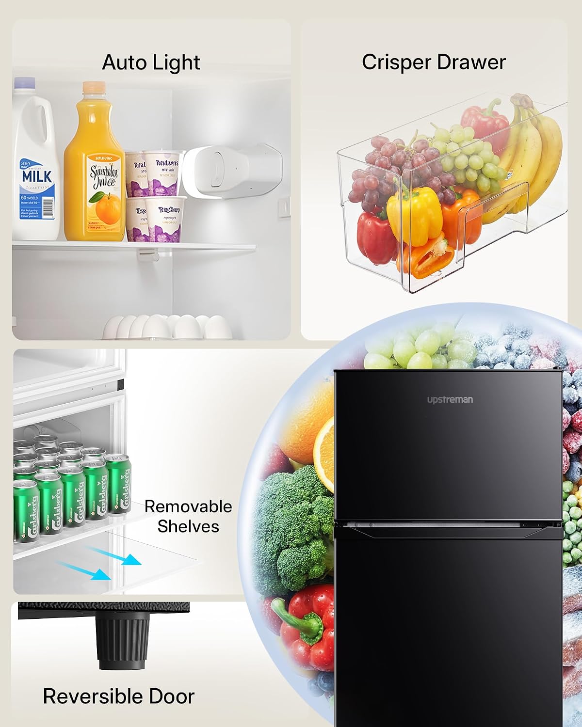 7.7 Cu. Ft. Double Door Refrigerator with Freezer – Compact Fridge with Adjustable Temperature Control, Crisper Drawer & Reversible Door