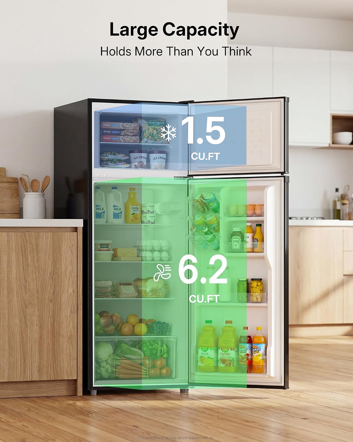 7.7 Cu. Ft. Double Door Refrigerator with Freezer – Compact Fridge with Adjustable Temperature Control, Crisper Drawer & Reversible Door