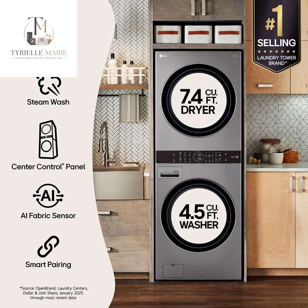WashTower Smart Stacked Laundry Center – 4.5 Cu. Ft. Front Load Washer & 7.4 Cu. Ft. Electric Dryer, WiFi, Graphite Steel