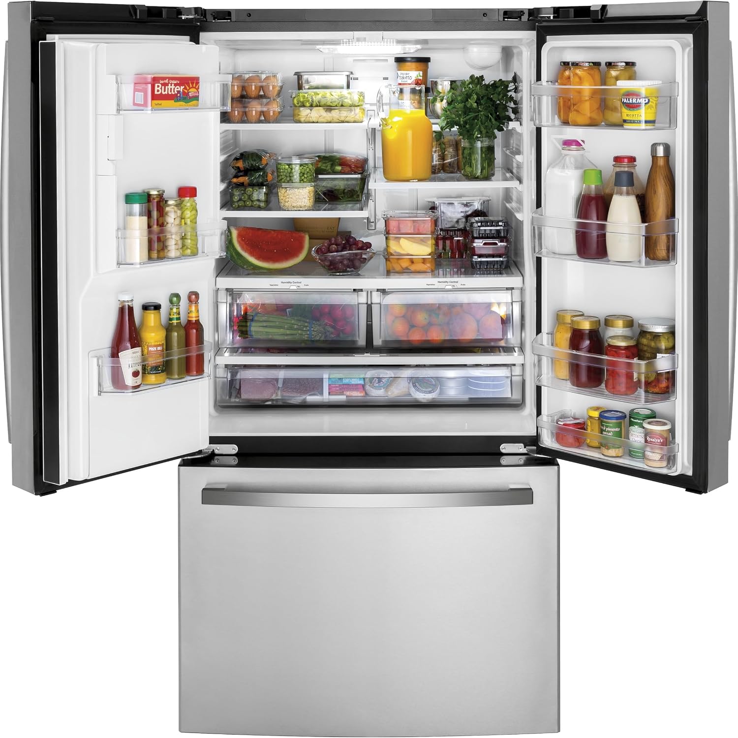 GE 25.6 Cu. Ft. French Door Refrigerator – Fingerprint Resistant Stainless Steel, Space-Saving Ice Maker & LED Interior Lighting