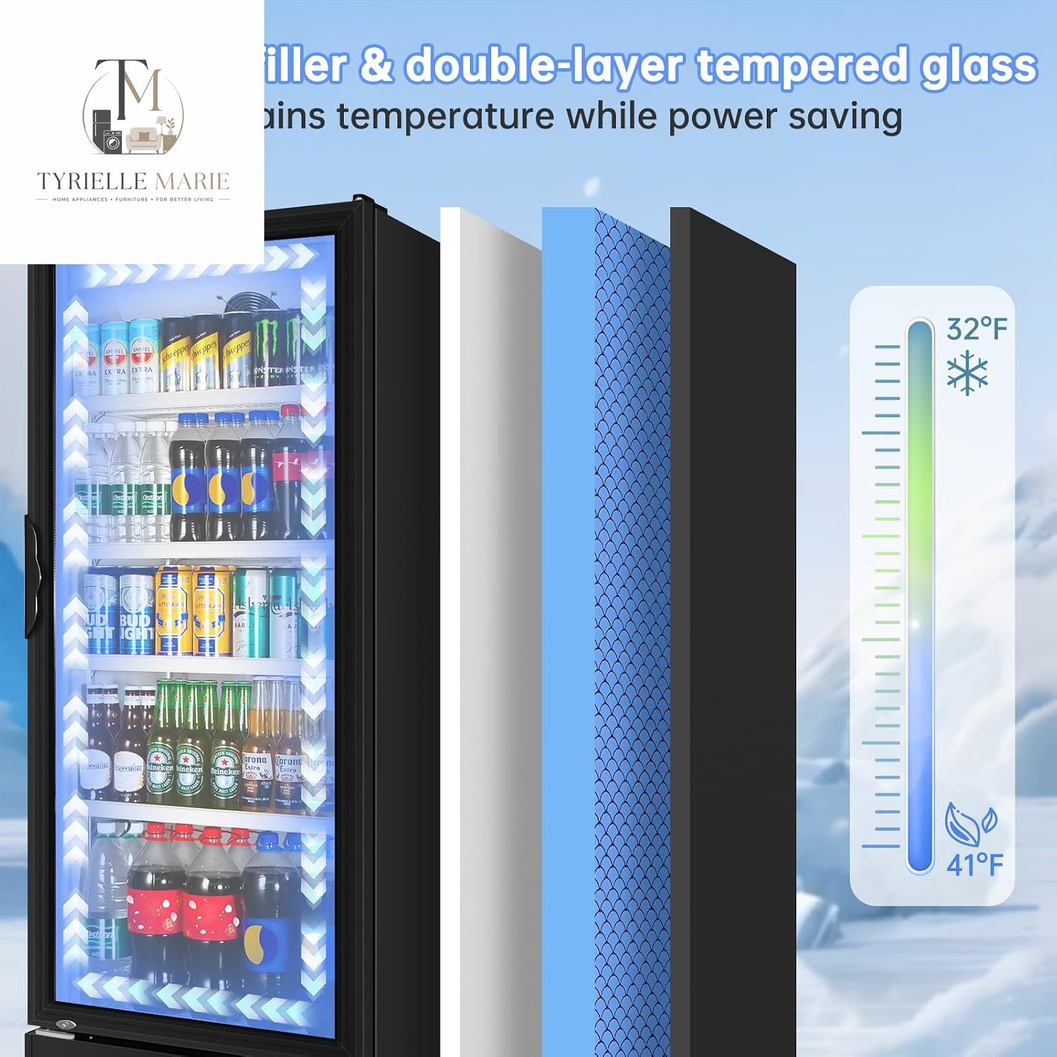 Commercial Beverage Refrigerator, 24.5 Inch 15 Cu. Ft. Drink Fridge, Display Refrigerator with Glass Door, Commercial Display Fridge with 4 Adjustable Shelves, for Shops, Restaurants, Bars