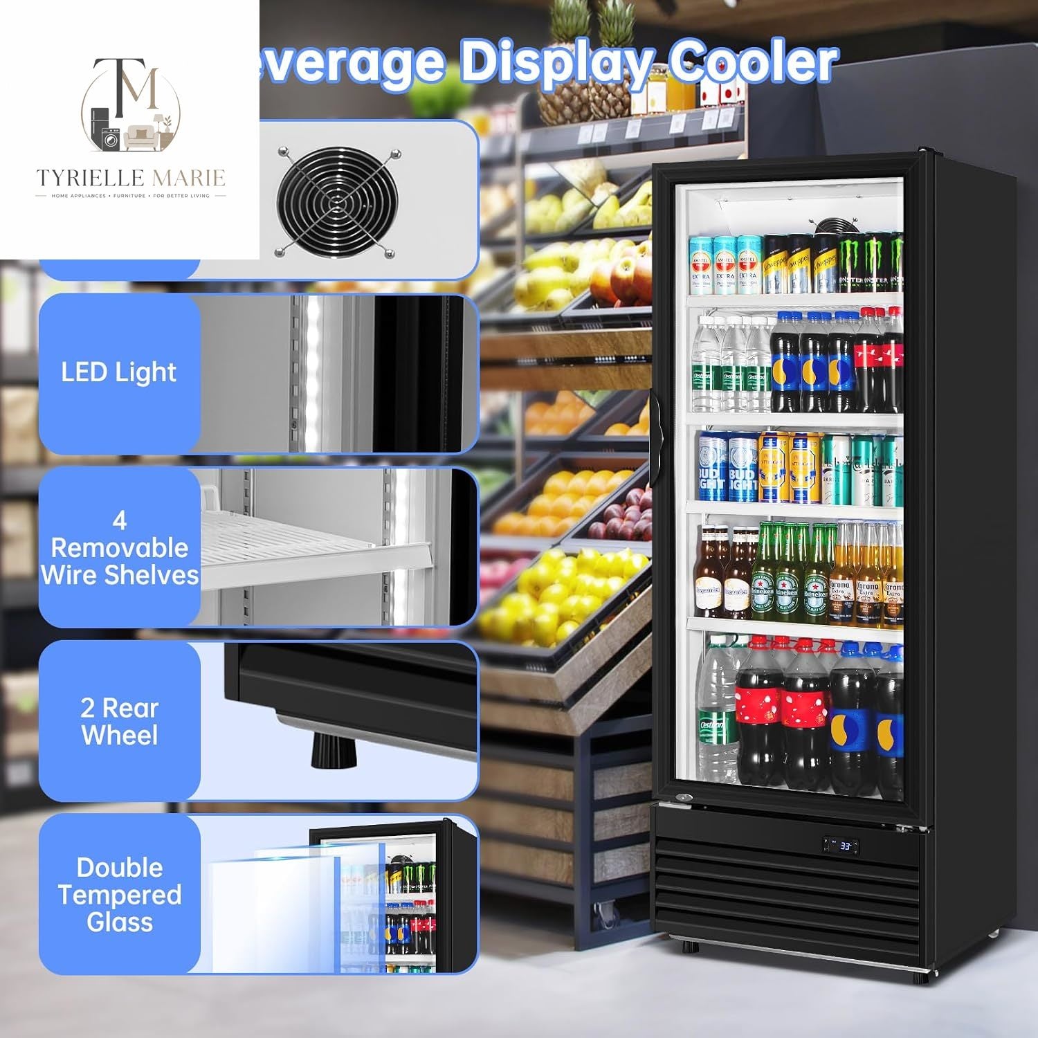 Commercial Beverage Refrigerator, 24.5 Inch 15 Cu. Ft. Drink Fridge, Display Refrigerator with Glass Door, Commercial Display Fridge with 4 Adjustable Shelves, for Shops, Restaurants, Bars