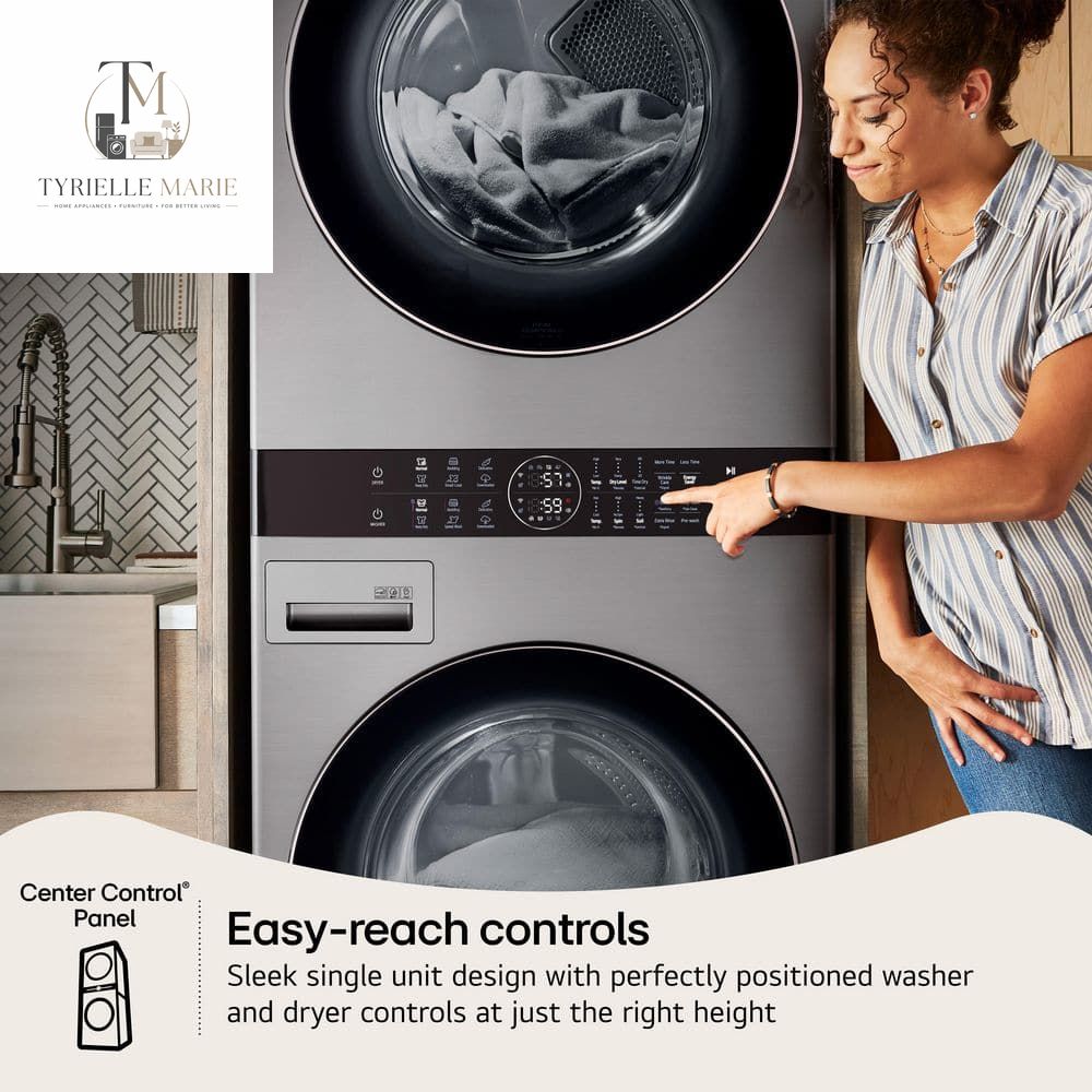 WashTower Smart Stacked Laundry Center – 4.5 Cu. Ft. Front Load Washer & 7.4 Cu. Ft. Electric Dryer, WiFi, Graphite Steel