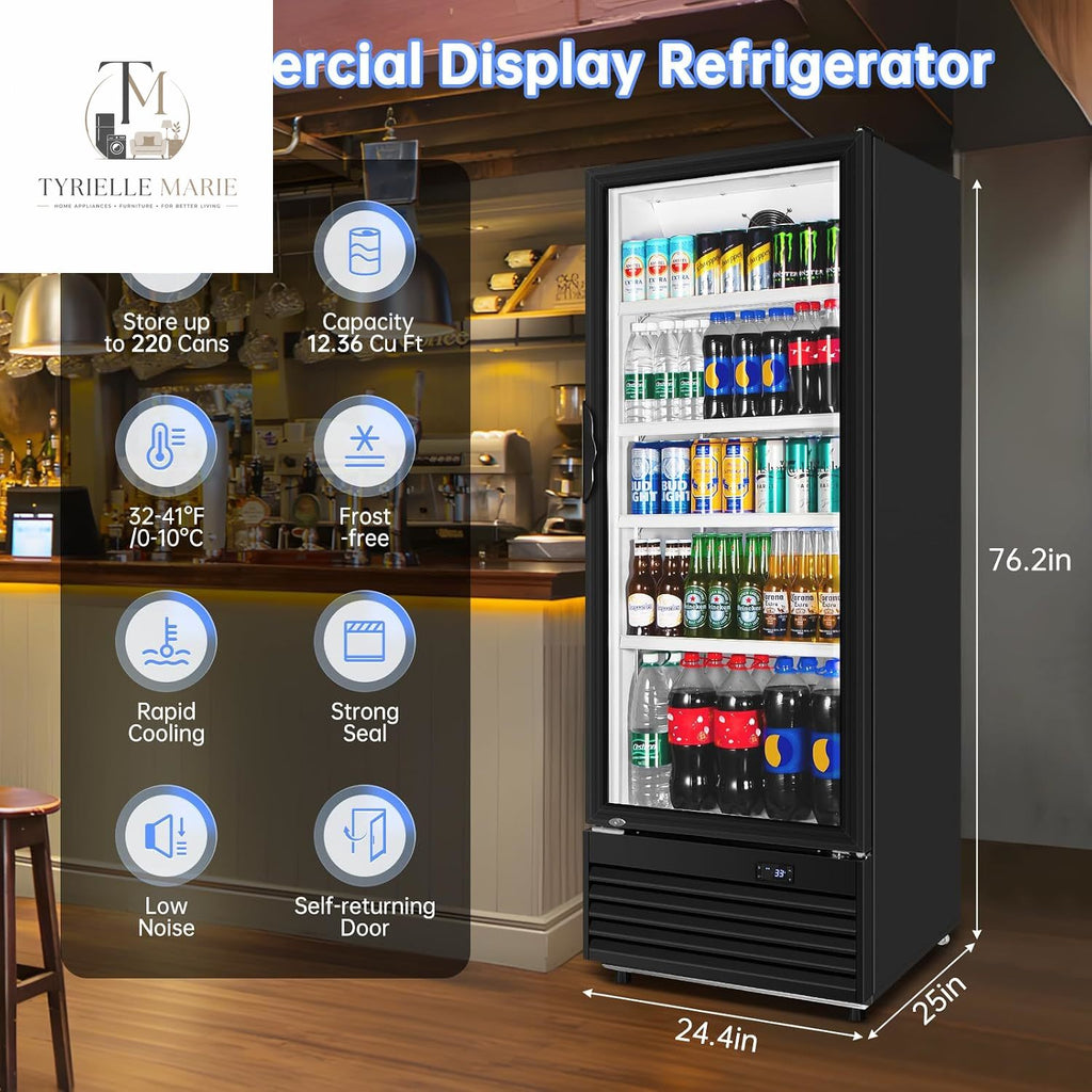Commercial Beverage Refrigerator, 24.5 Inch 15 Cu. Ft. Drink Fridge, Display Refrigerator with Glass Door, Commercial Display Fridge with 4 Adjustable Shelves, for Shops, Restaurants, Bars