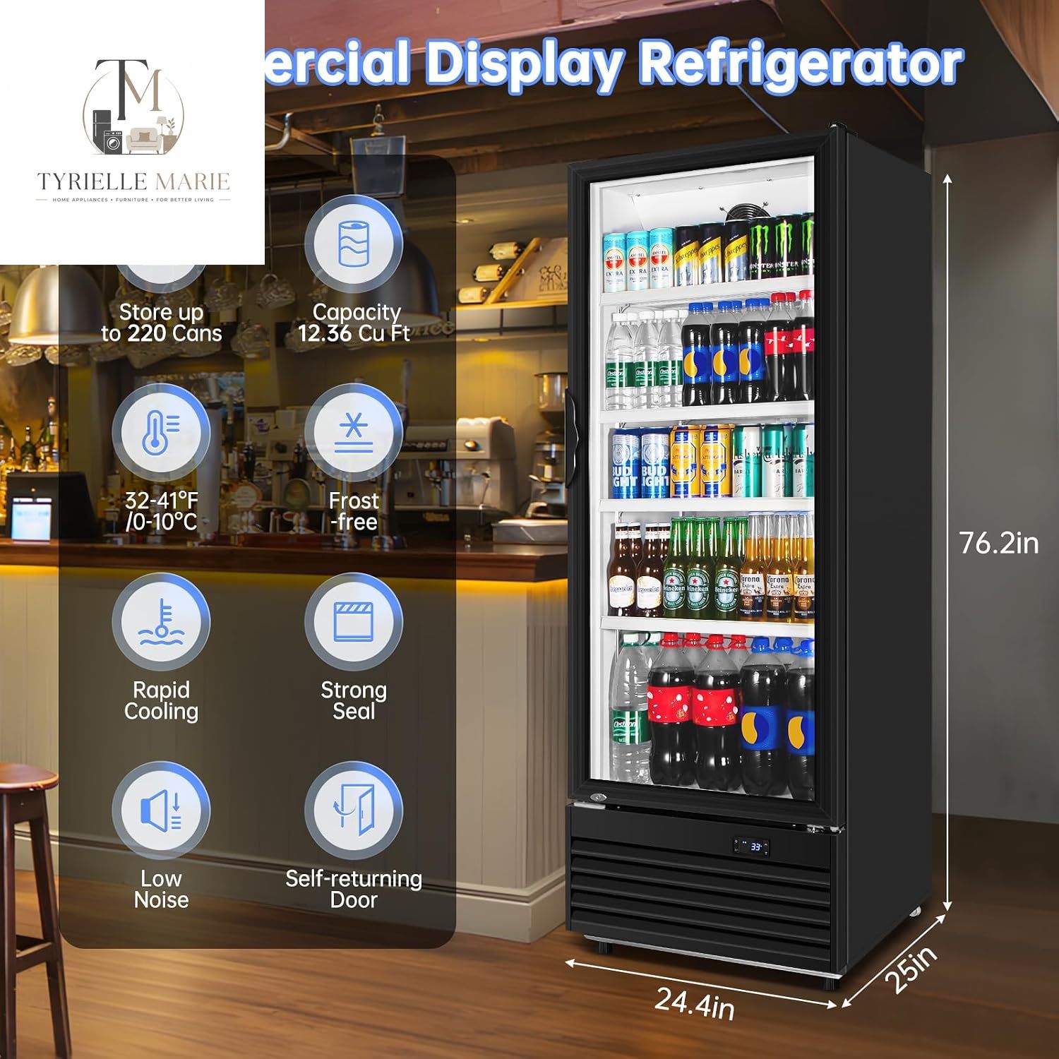 Commercial Beverage Refrigerator, 24.5 Inch 15 Cu. Ft. Drink Fridge, Display Refrigerator with Glass Door, Commercial Display Fridge with 4 Adjustable Shelves, for Shops, Restaurants, Bars