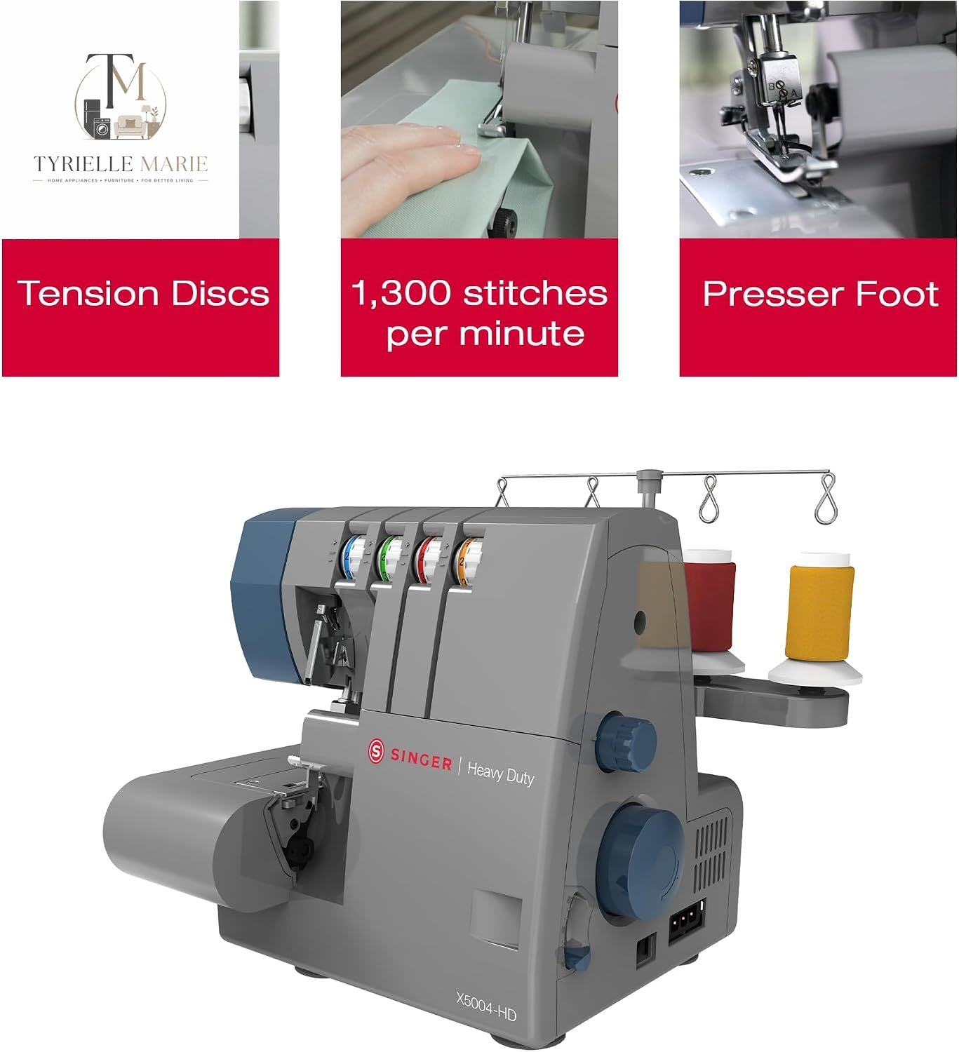 X5004-HD Heavy Duty Serger Overlock Machine – 2/3/4 Thread, 1,300 Stitches/Min, Differential Feed & Metal Frame