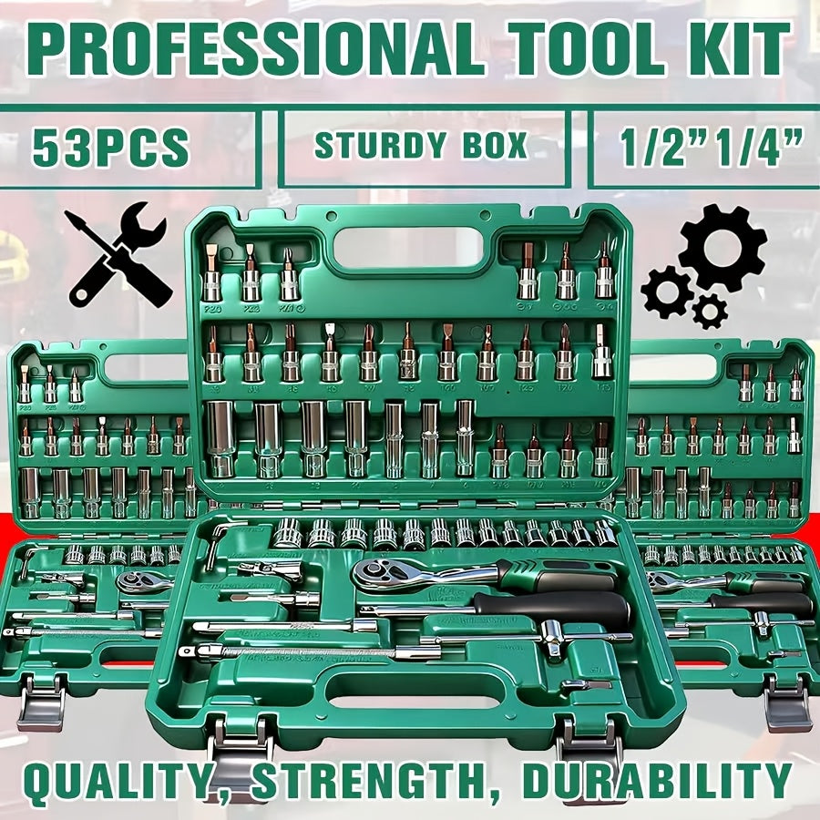 53pcs Tool Set Or 47pcs Impact Socket Set with 3/8" Drive, SAE (5/16" to 3/4") And Metric (8 to 22mm) Sizes, 6-point Design, Including Ratchet Handle, Extension Rod And Connector, Cr-V