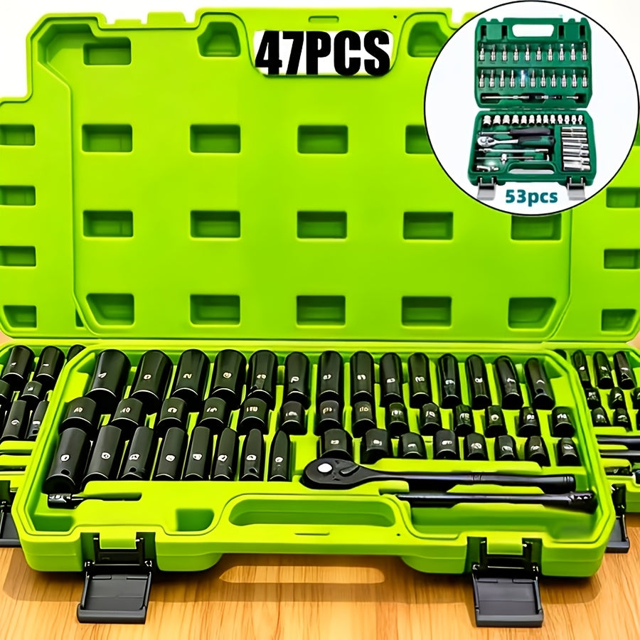 53pcs Tool Set Or 47pcs Impact Socket Set with 3/8" Drive, SAE (5/16" to 3/4") And Metric (8 to 22mm) Sizes, 6-point Design, Including Ratchet Handle, Extension Rod And Connector, Cr-V
